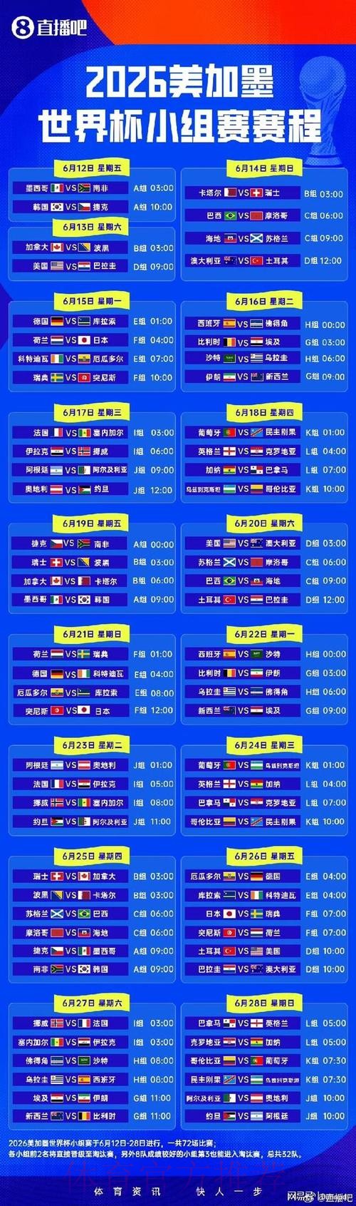 2026世界杯小组赛赛程最新高清直播免费观看
